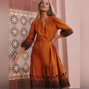 Chico's Burnt Orange Poplin Dress with Black Embroidery Size XXL